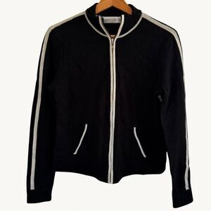 Dana Buchman Wool Sweater Zip Up Cardigan Black with White Trim Woman’s Large